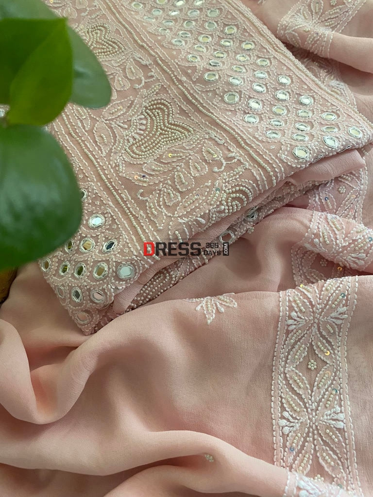 Pastel Pink Pearl & Mirror Lucknowi Suit – Dress365days