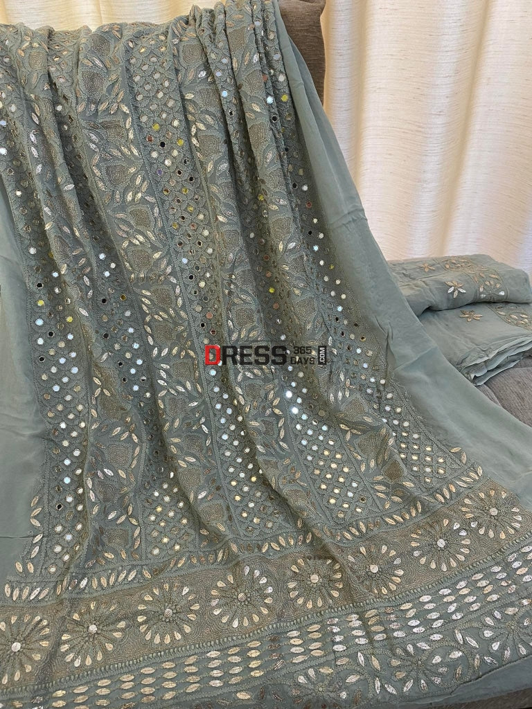 Dusty Grey Mirror & Gota Patti Lucknowi Chikankari Suit – Dress365days