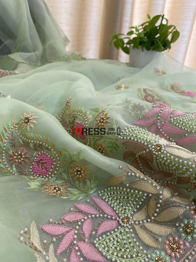 Green Exclusive Organza Pearls Chikankari Suit – Dress365days