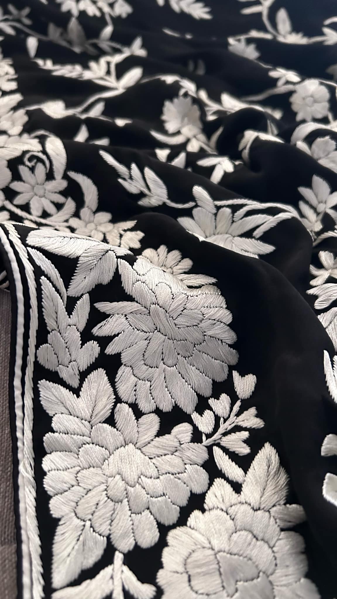 Crepe Silk Floral Black & Ivory Parsi Gara Dupatta