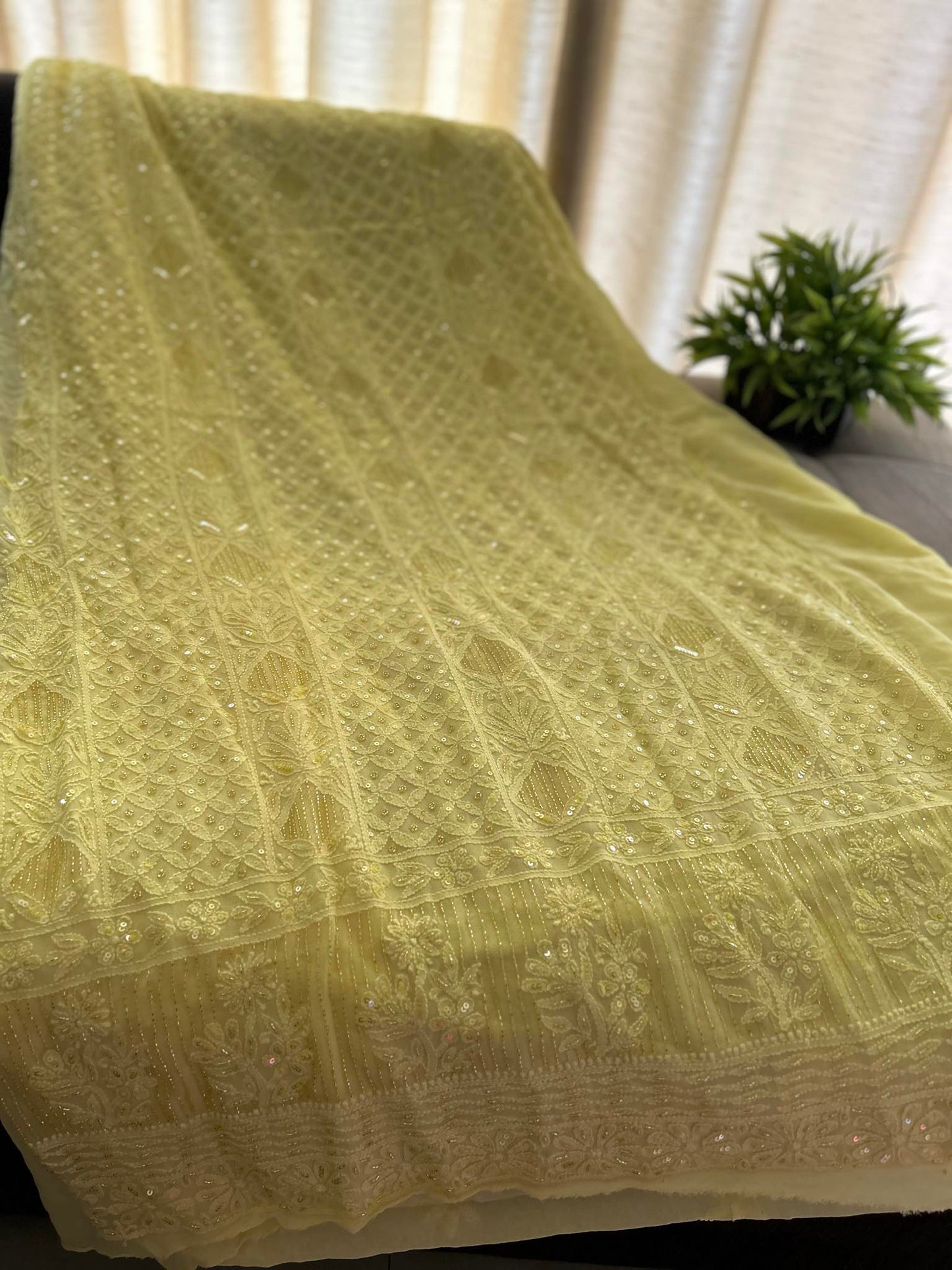 Yellow Party Wear Cut Dana Chikankari Kurta Dupatta Set