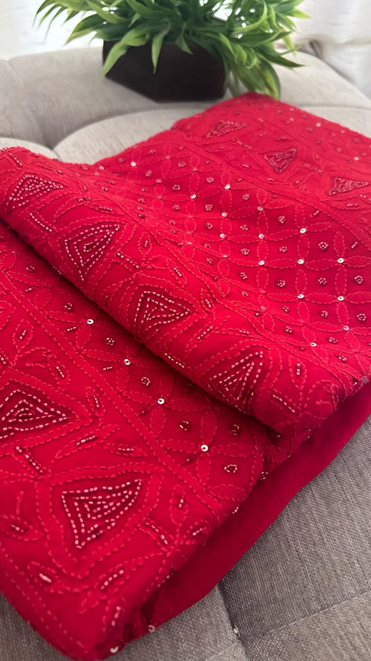 Red Party Wear Cut Dana Chikankari Kurta Dupatta Set