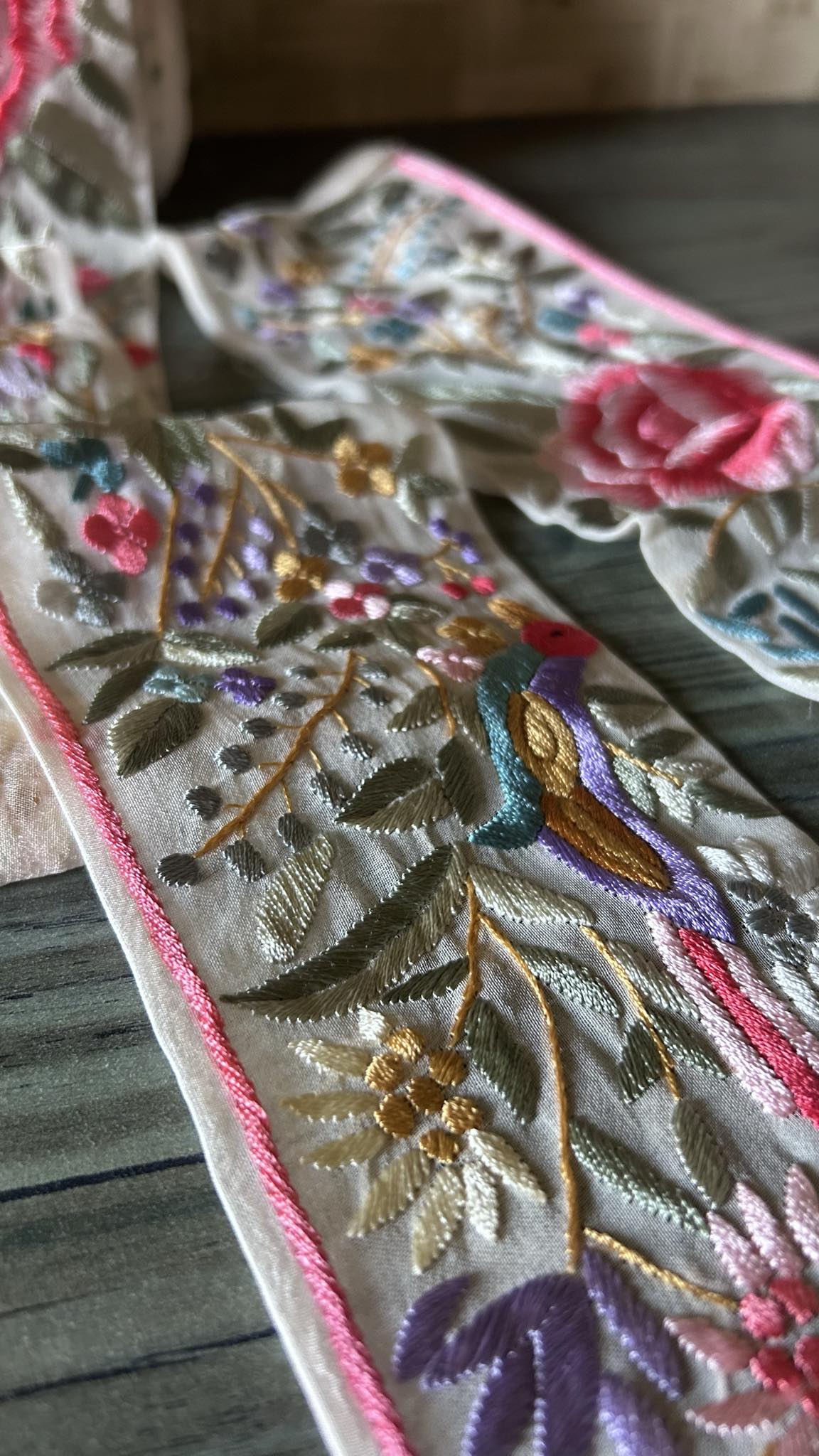 White & Multicolour Parsi Gara Hand Embroidered Border