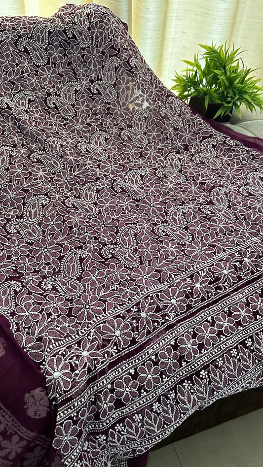 Burgundy Georgette Chikankari Kurti Fabric (Only Kurti)