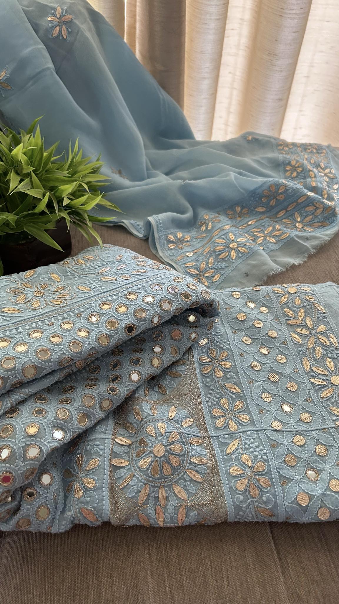 Powder Blue Mirror Gota Patti Chikankari Anarkali Suit