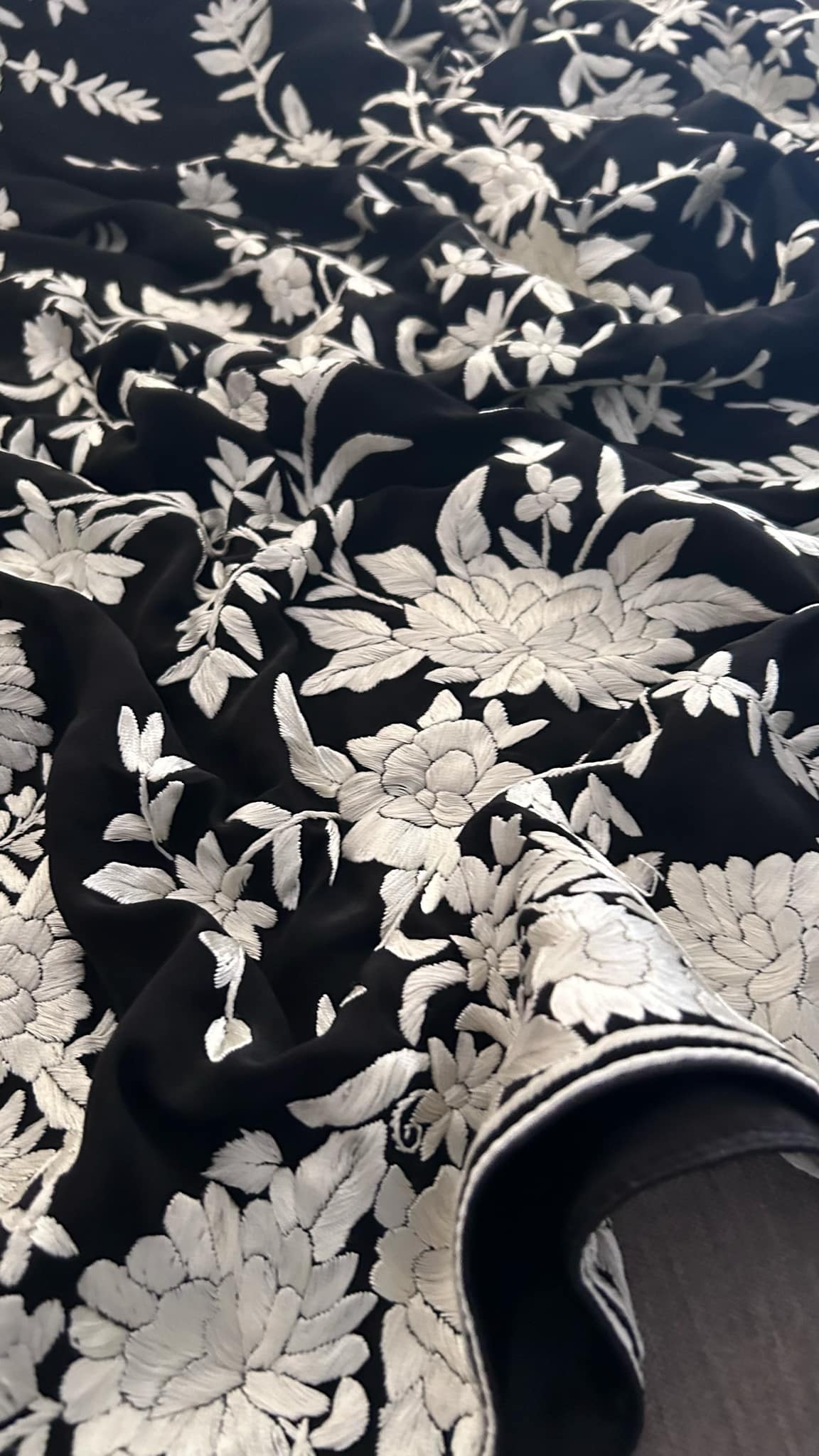 Crepe Silk Floral Black & Ivory Parsi Gara Dupatta