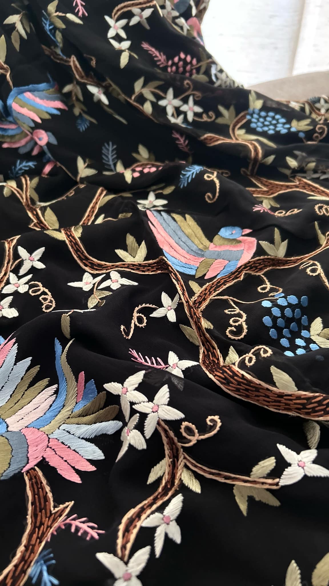 Black & Multicolour Parsi Gara Saree- Pure Georgette