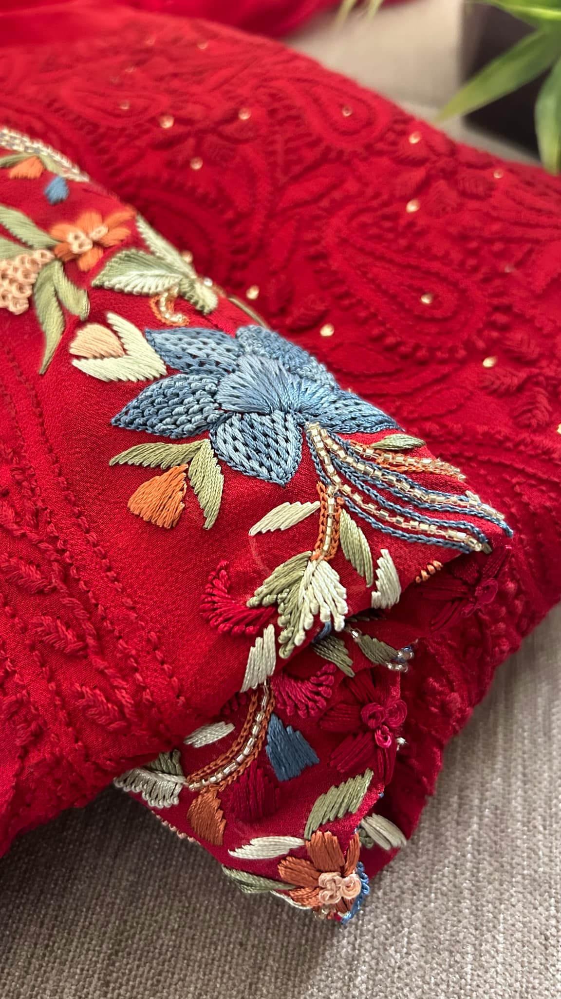 Red Chikankari & Kamdani Multicolour Neckline Suit