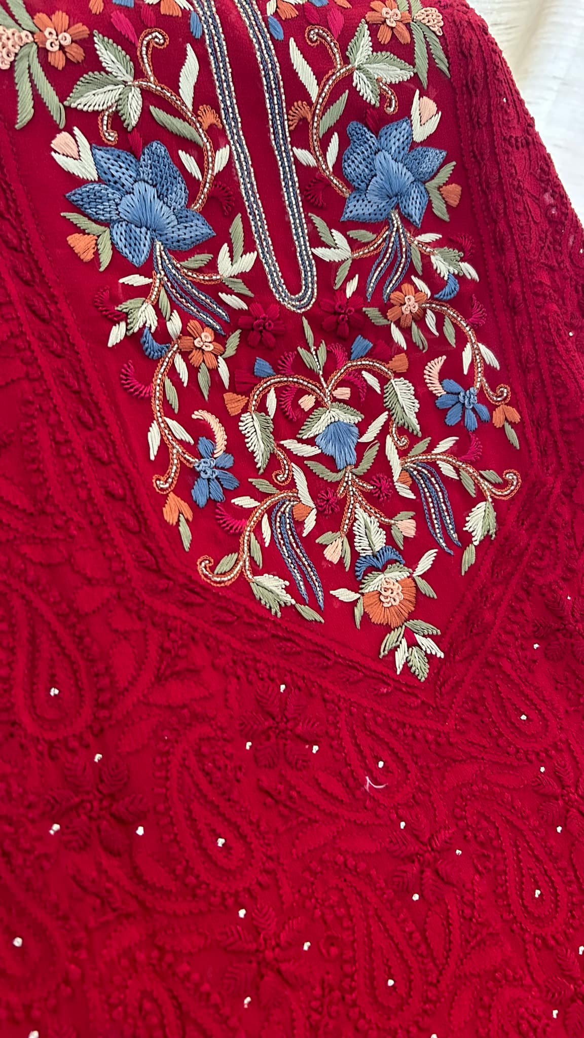 Red Chikankari & Kamdani Multicolour Neckline Suit