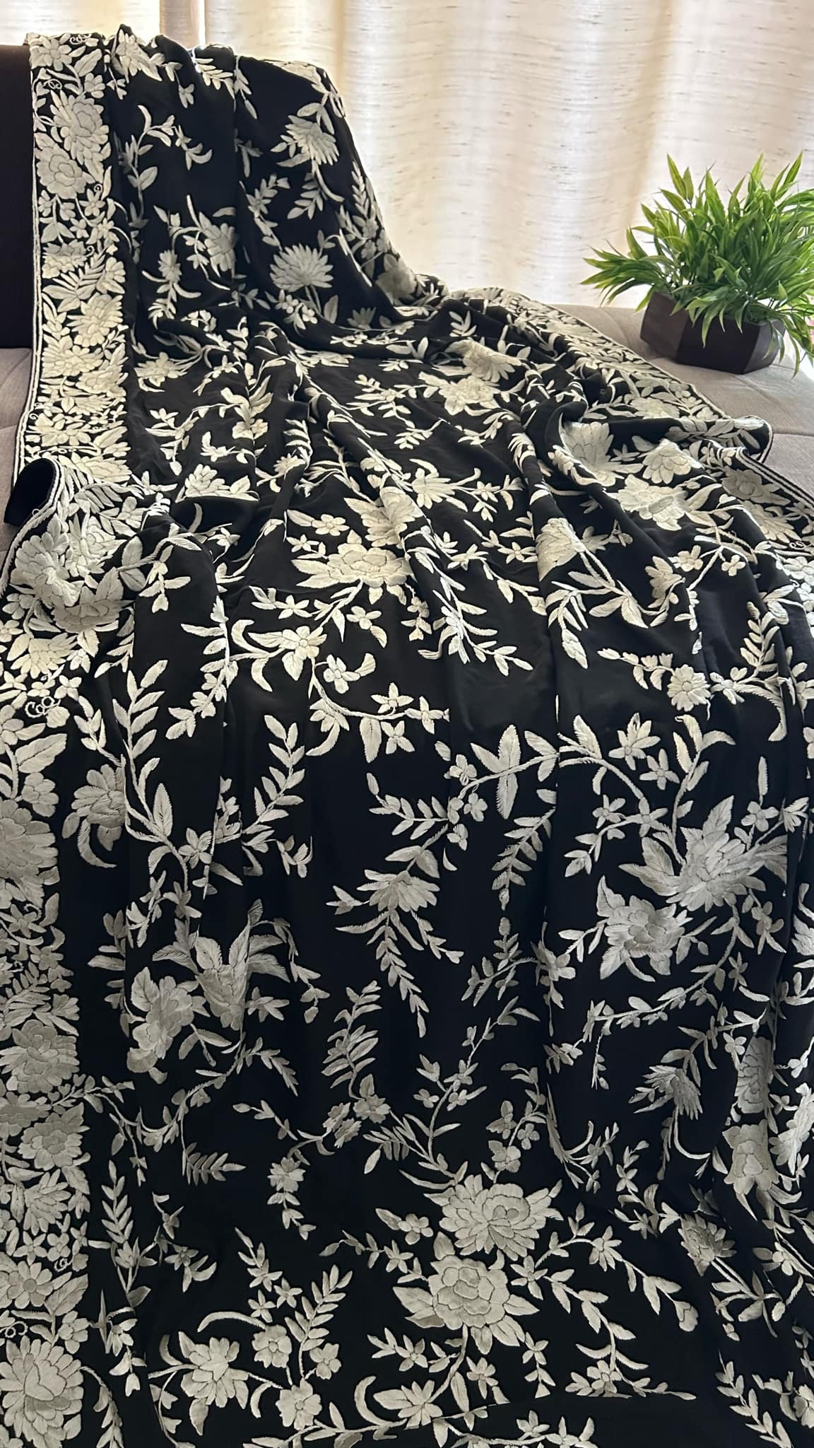 Crepe Silk Floral Black & Ivory Parsi Gara Dupatta