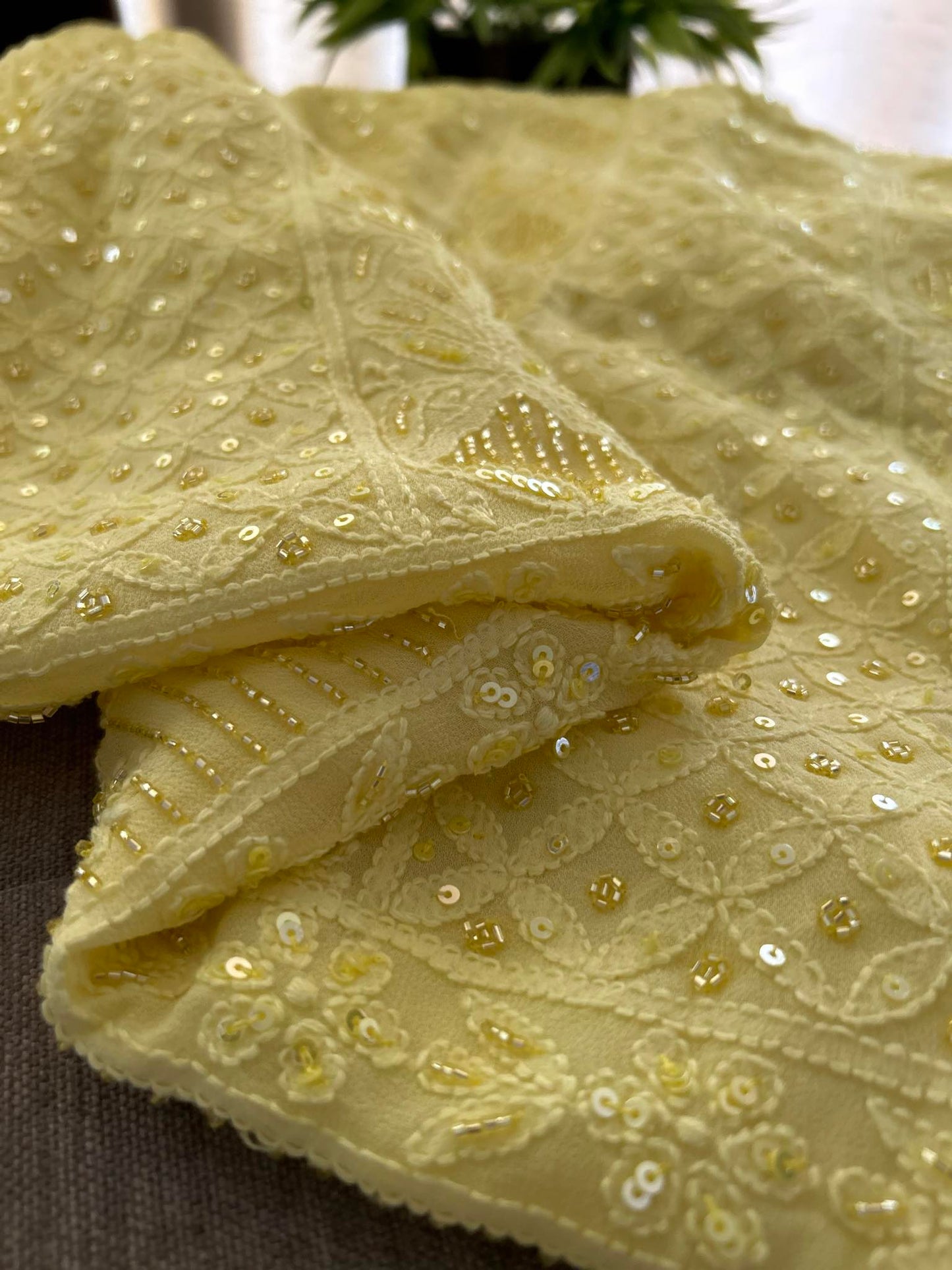 Yellow Party Wear Cut Dana Chikankari Kurta Dupatta Set