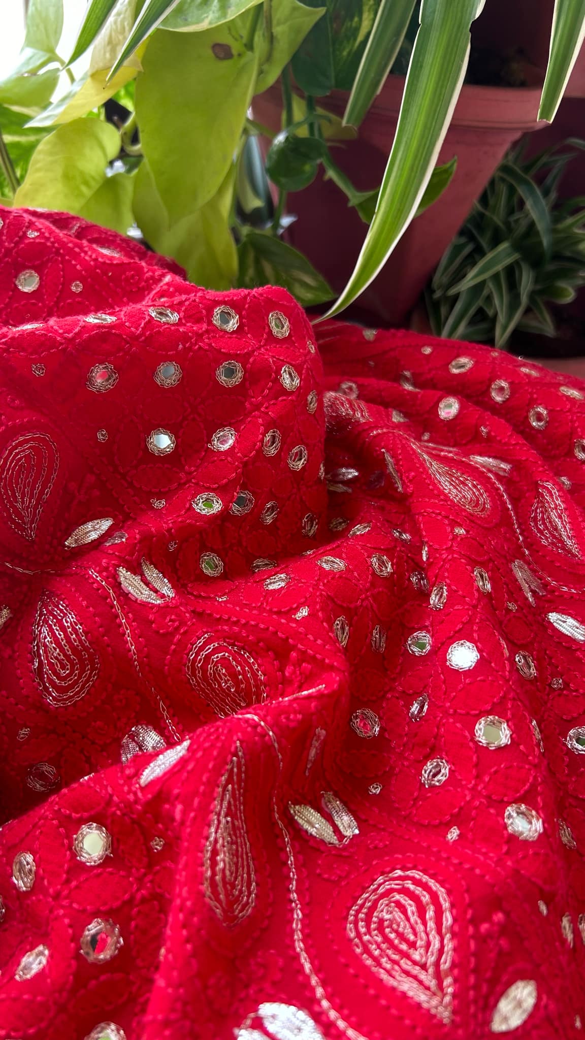 Red Mirror & Gota Patti Chikankari Suit (Kurta & Dupatta)