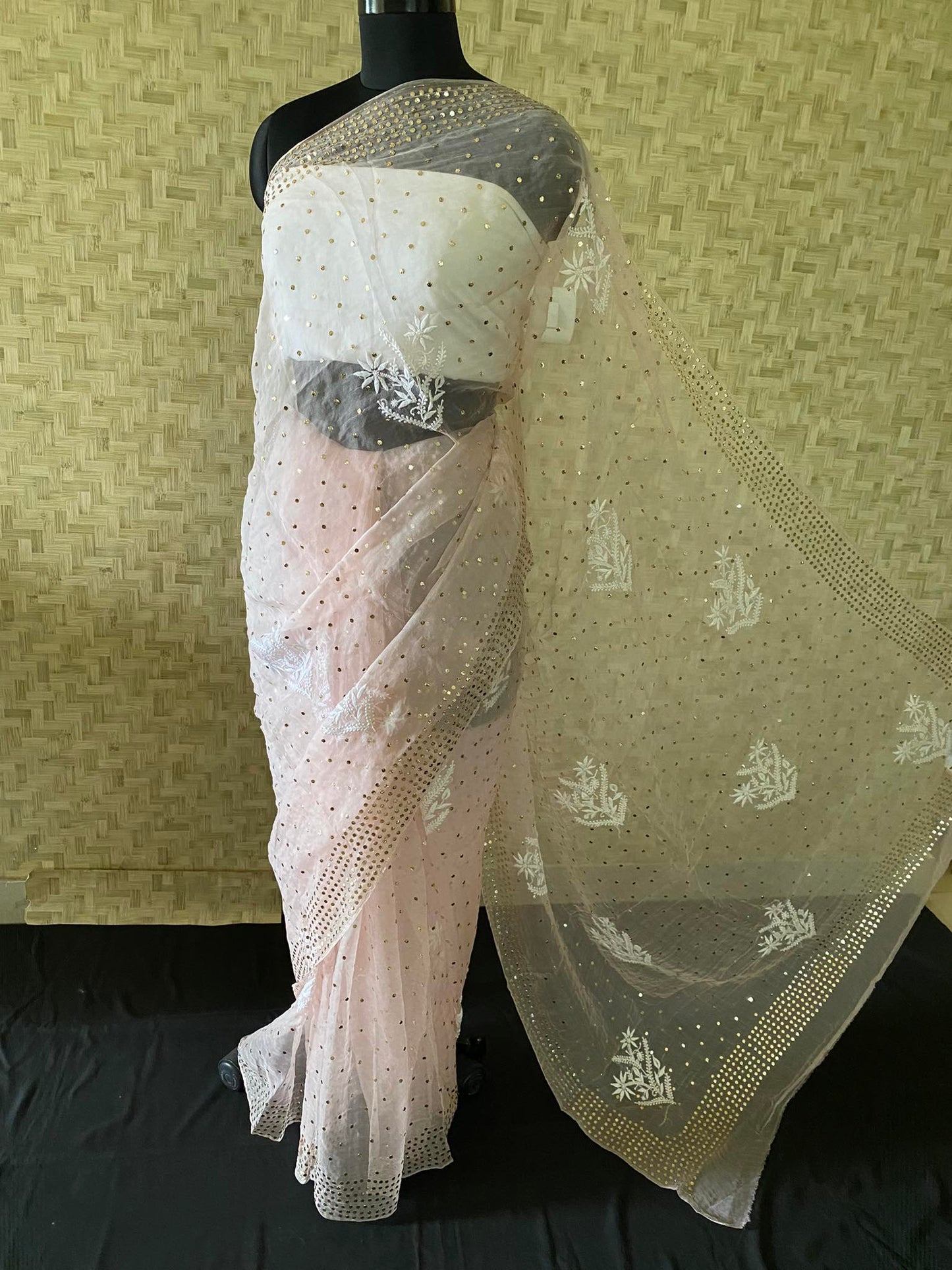 Pastel Pink Organza Chikankari & Mukaish Saree