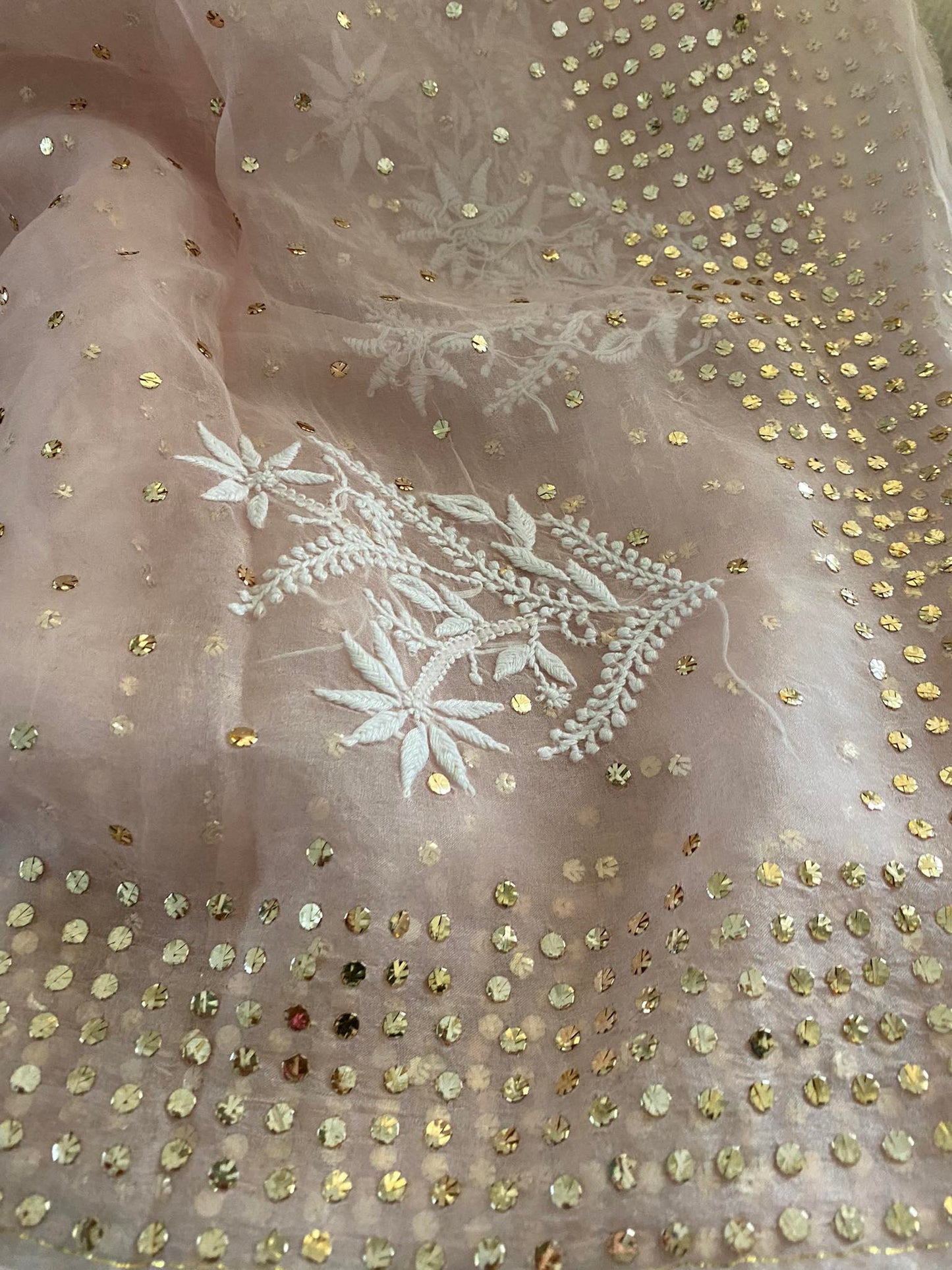 Pastel Pink Organza Chikankari & Mukaish Saree