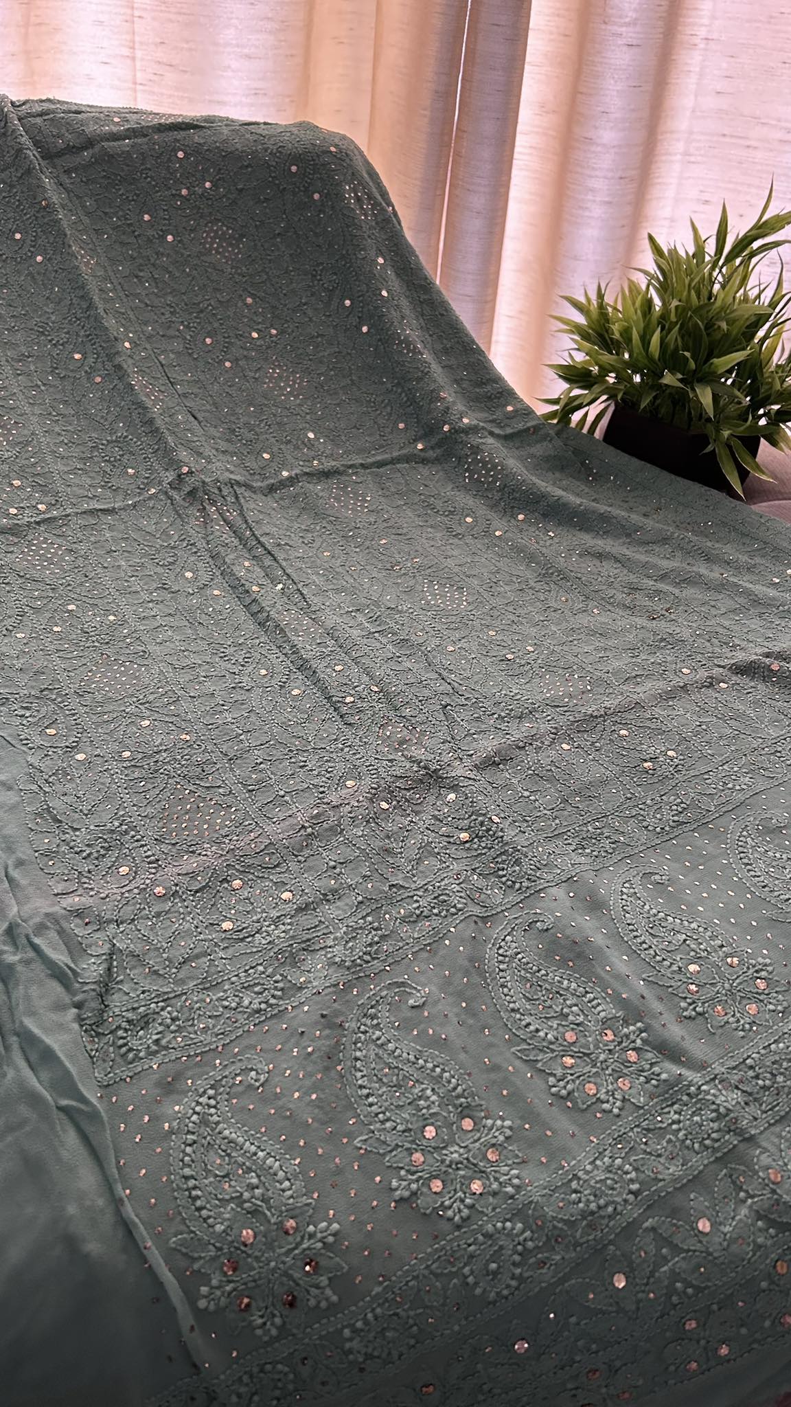 Sage Green Mukaish Chikankari Kurta Dupatta