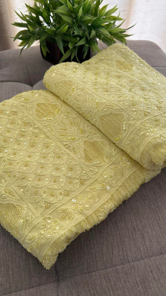 Yellow Party Wear Cut Dana Chikankari Kurta Dupatta Set