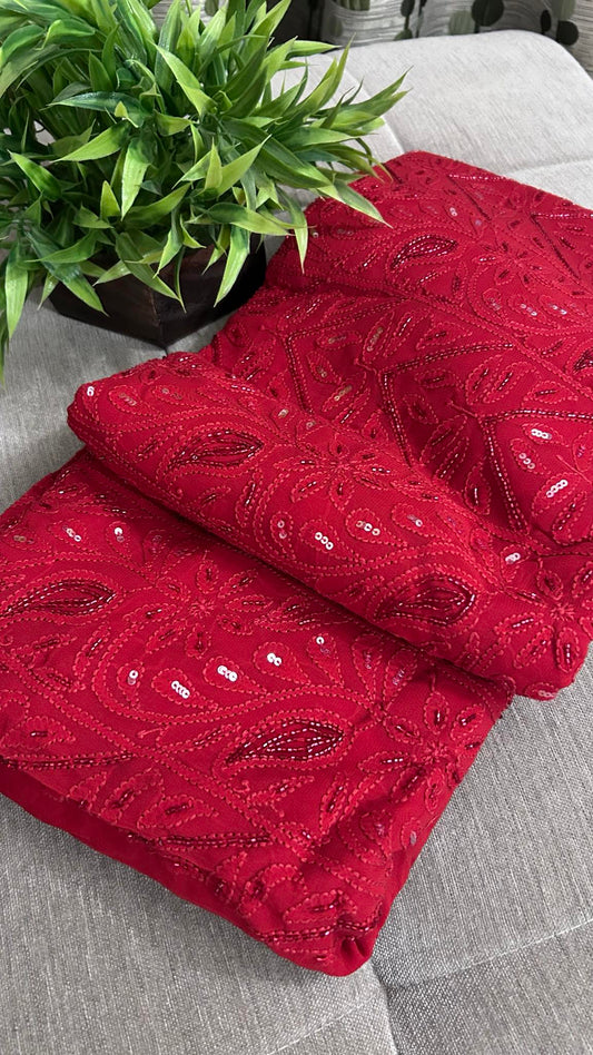 Maroonish Red Party Wear Cut Dana Chikankari Kurta Dupatta Set