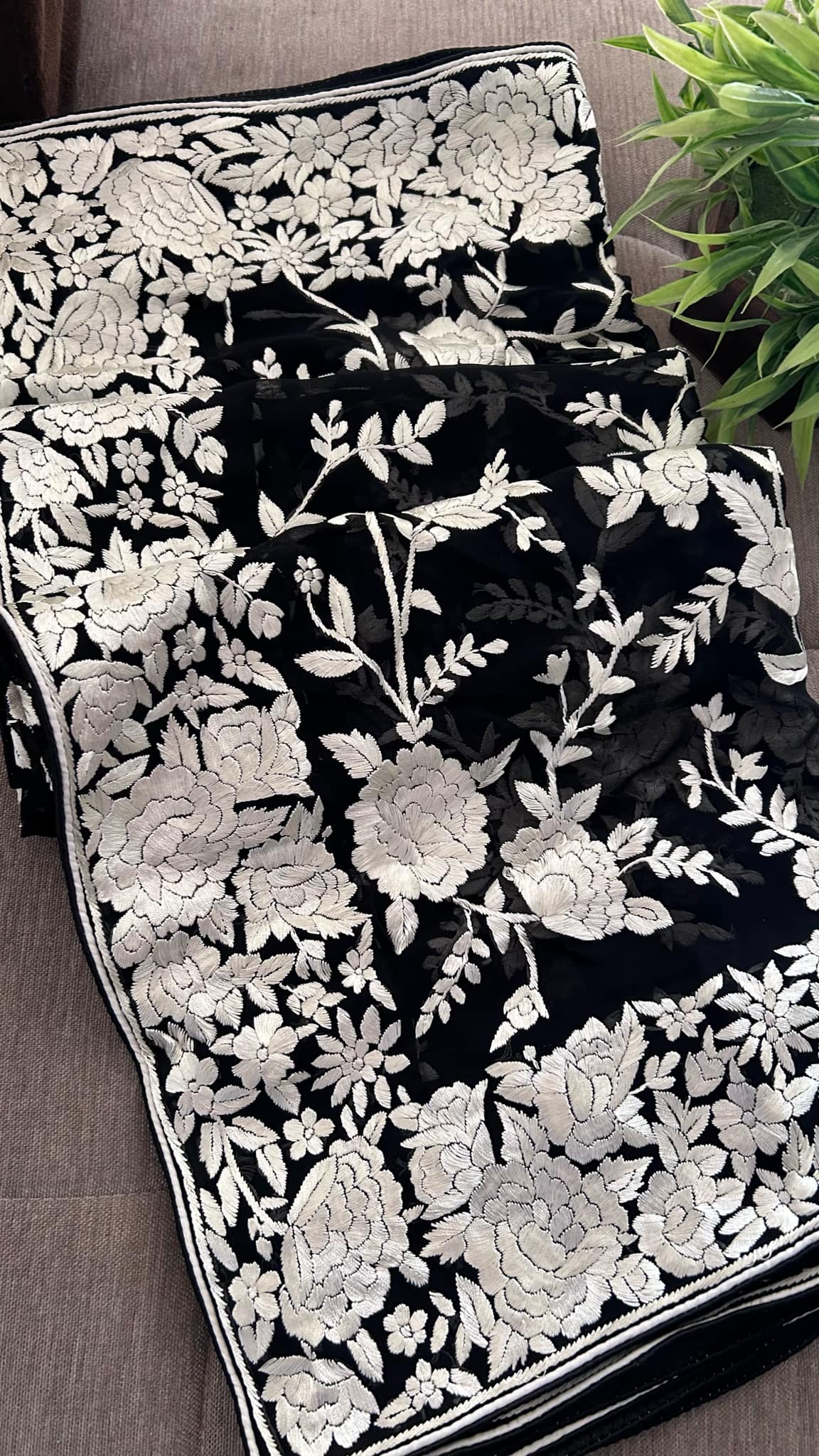 Black & Ivory Parsi Gara Hand Embroidered Dupatta