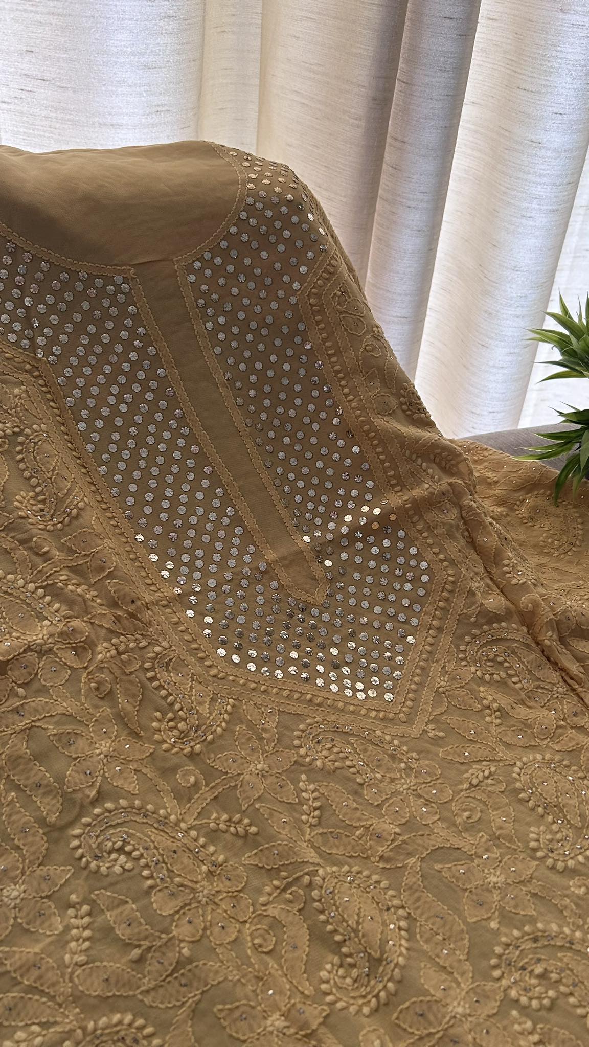 Beige Mukaish Neckline Chikankari Kurta Dupatta