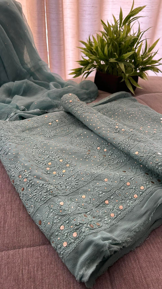 Sage Green Mukaish Chikankari Kurta Dupatta