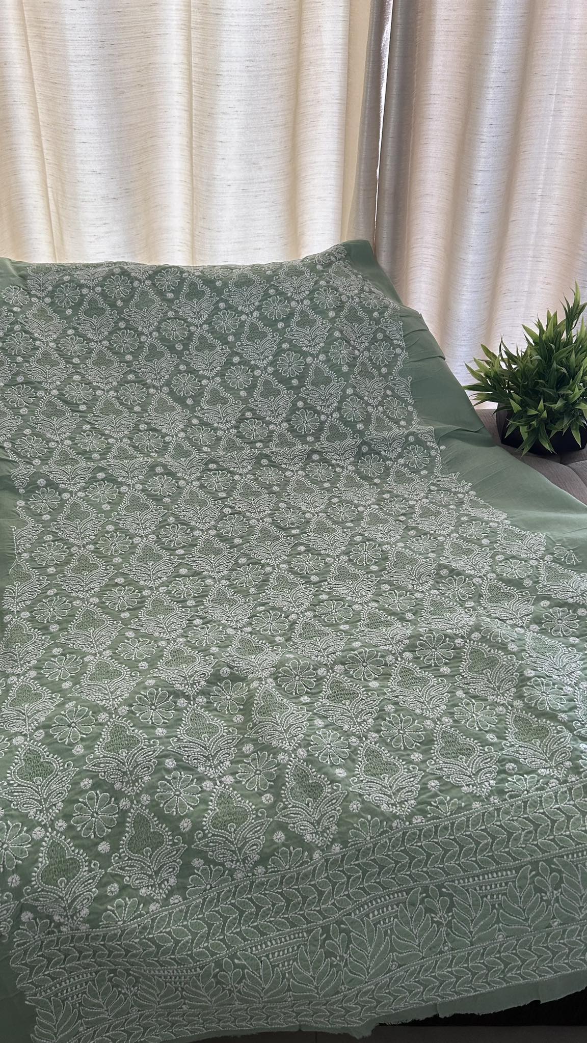 Sage Green Cotton Hand Jaali Chikankari Kurti Fabric (Only Kurti)