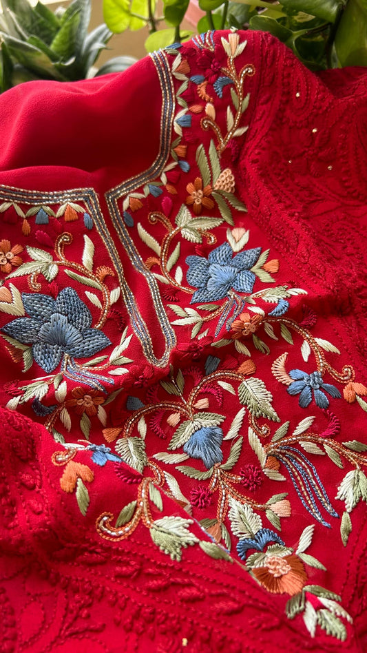 Red Chikankari & Kamdani Multicolour Neckline Suit