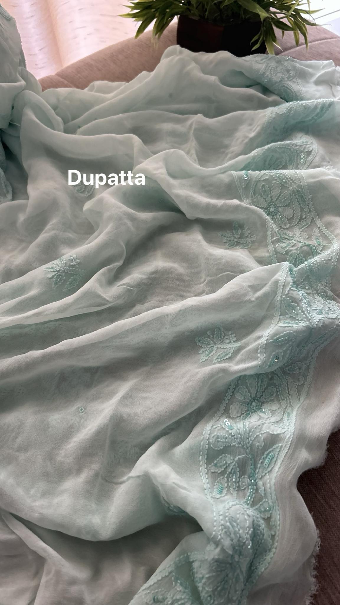 Sea Green Party Wear Cut Dana Chikankari Kurta Dupatta Set