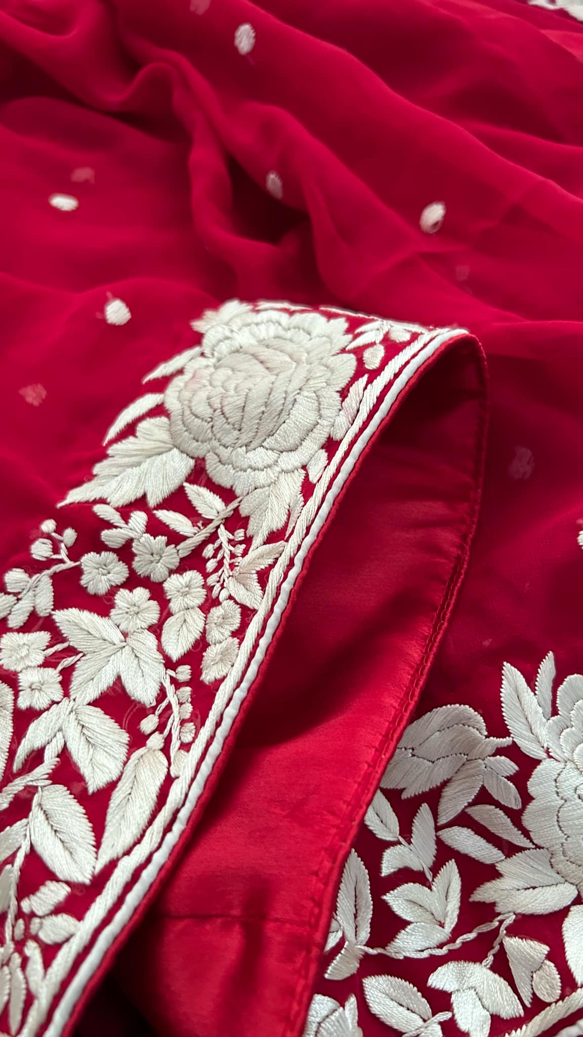 Pre Order Ivory & Red Parsi Gara Hand Embroidered Dupatta