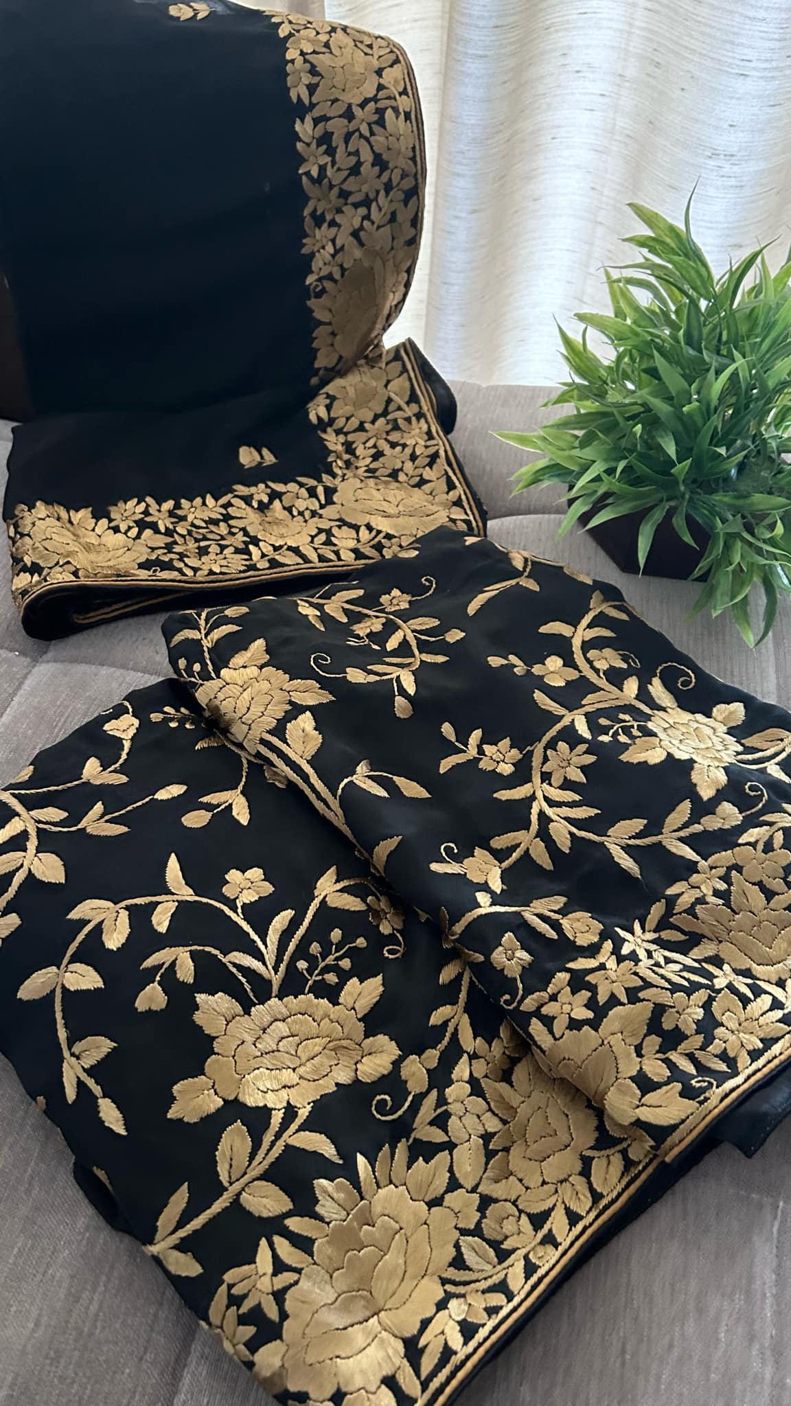 Black Gold Hand Embroidered Parsi Gara Suit (Three Piece)