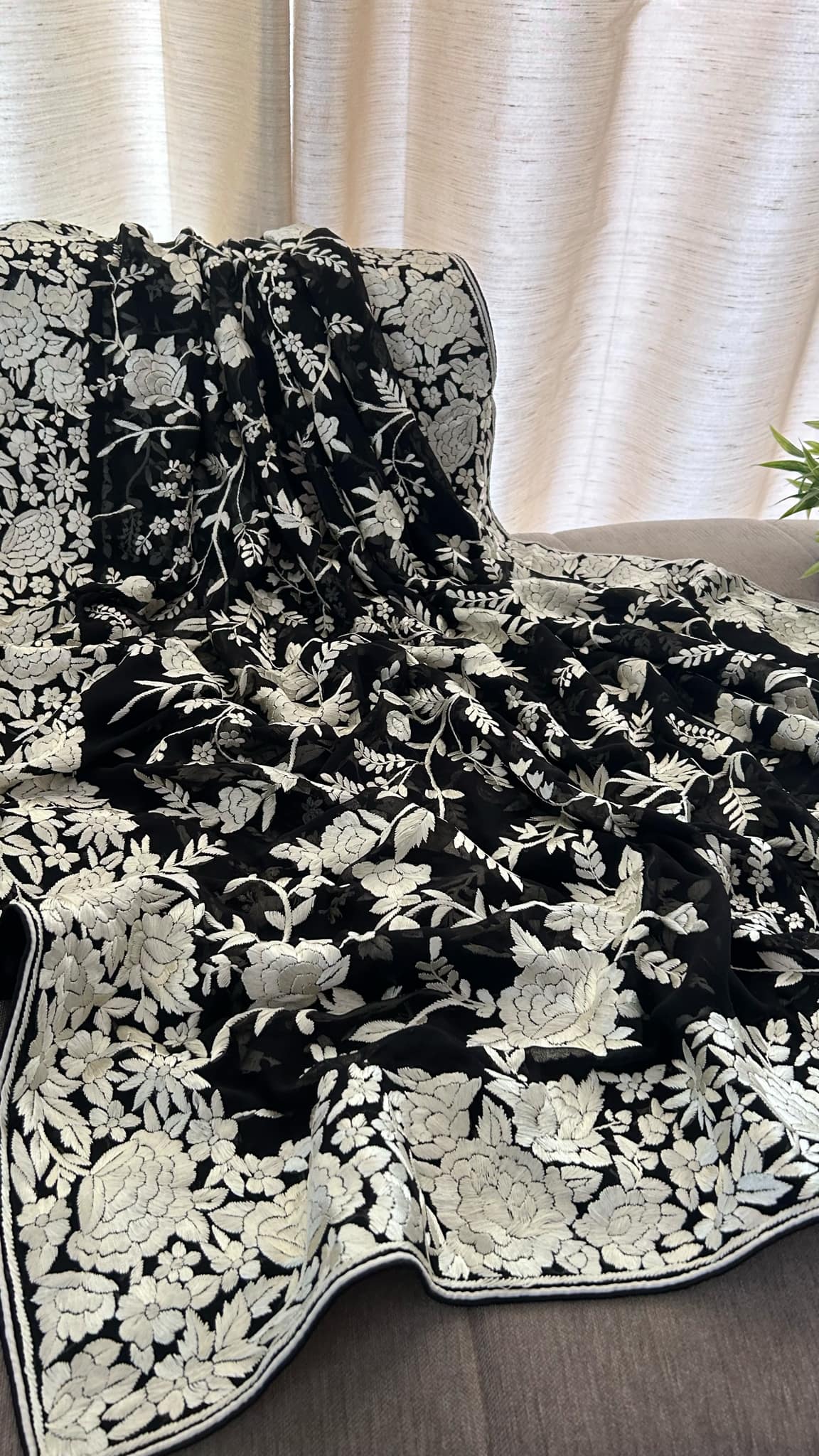 Black & Ivory Parsi Gara Hand Embroidered Dupatta