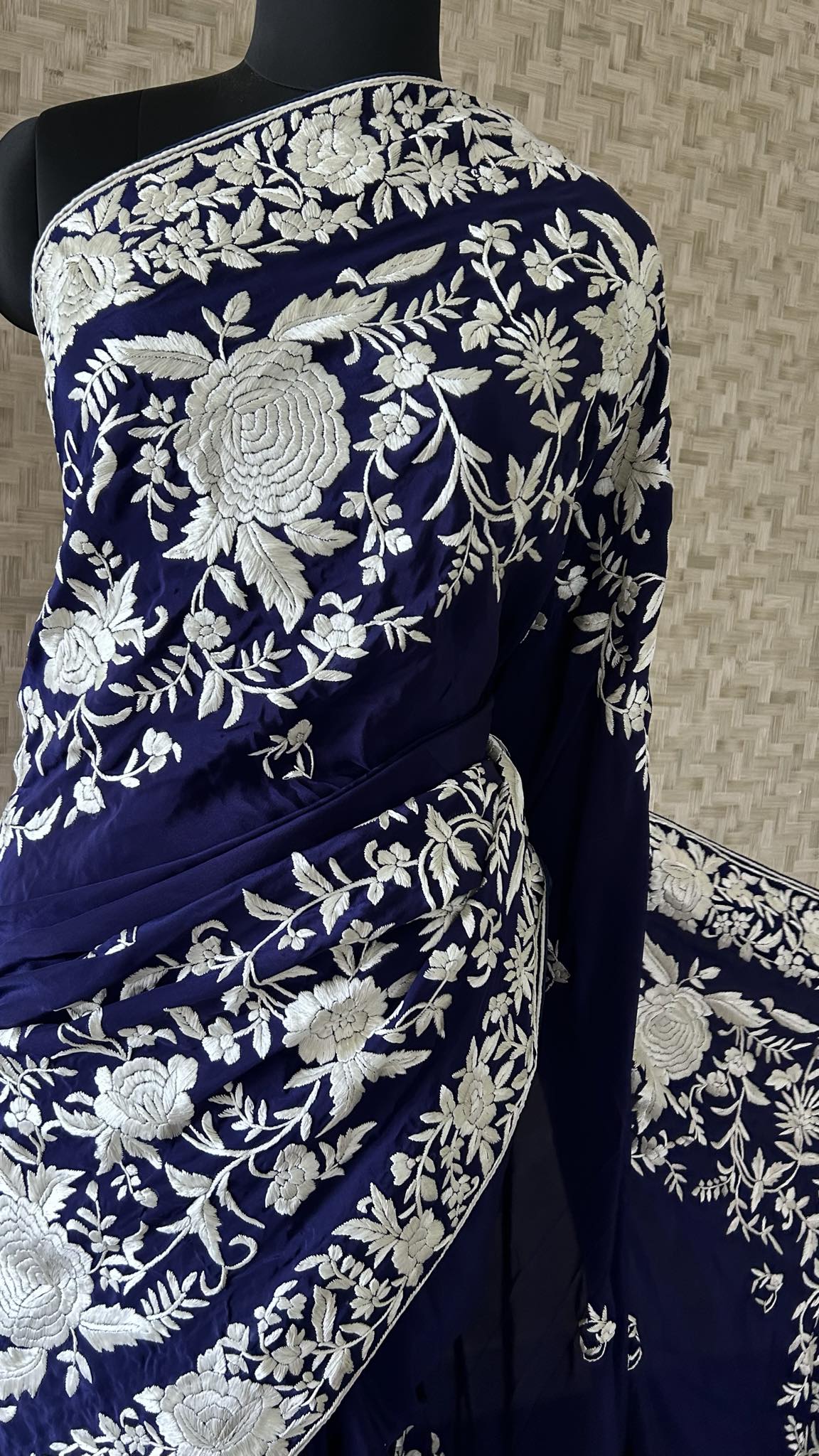 Designer Navy & Ivory Parsi Gara Saree