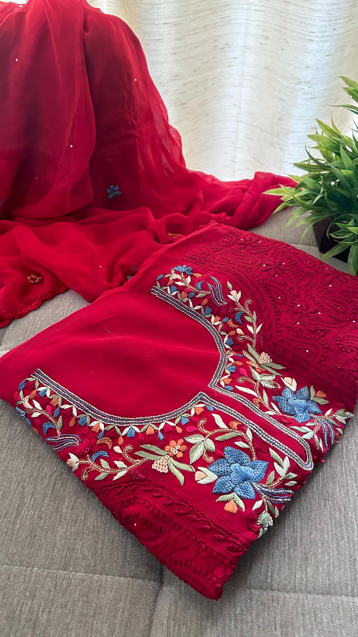 Red Chikankari & Kamdani Multicolour Neckline Suit