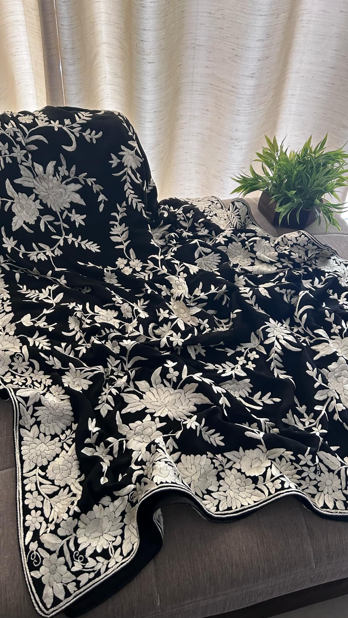 Crepe Silk Floral Black & Ivory Parsi Gara Dupatta