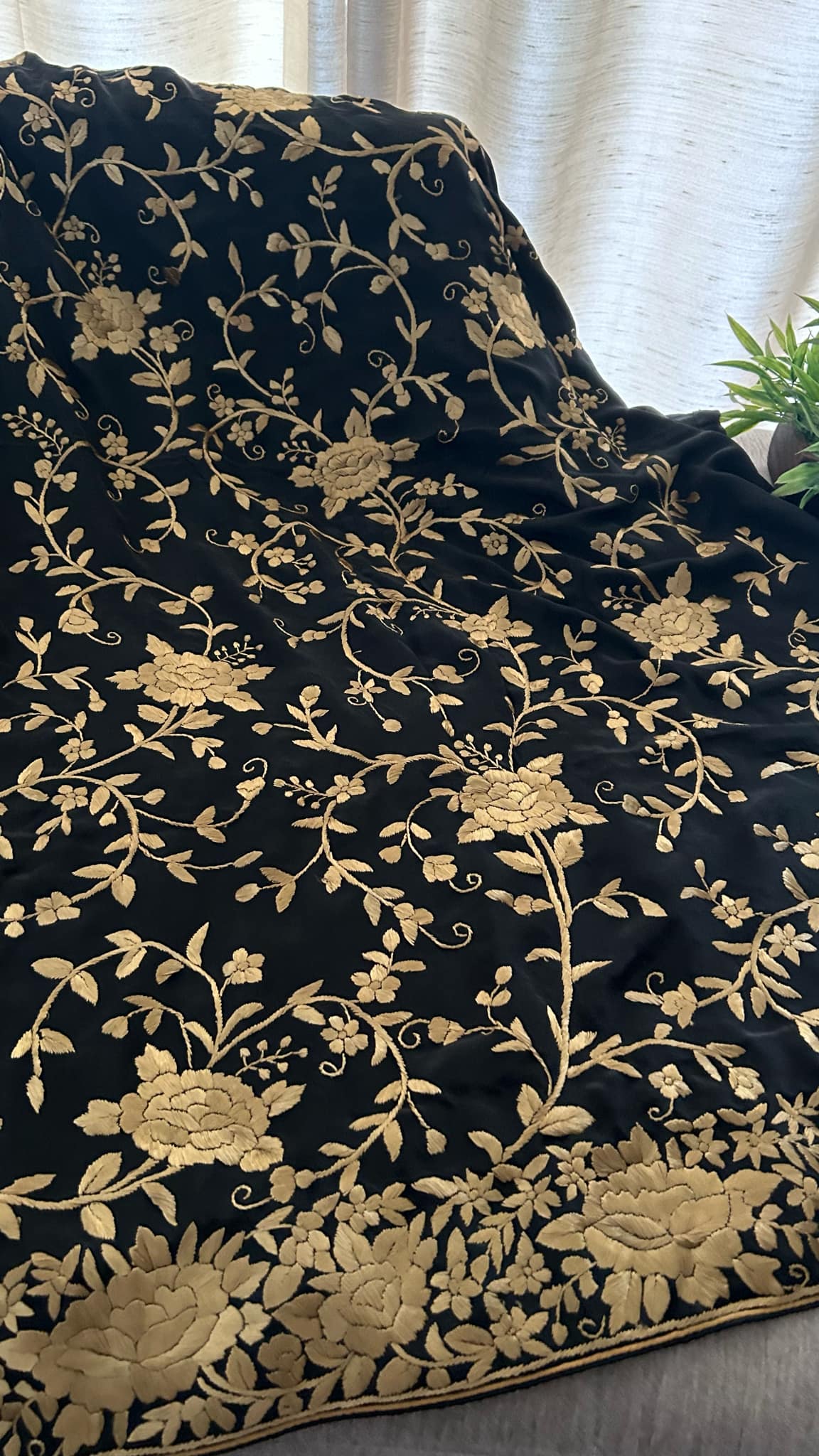 Black Gold Hand Embroidered Parsi Gara Suit (Three Piece)