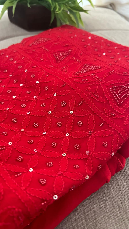 Red Party Wear Cut Dana Chikankari Kurta Dupatta Set