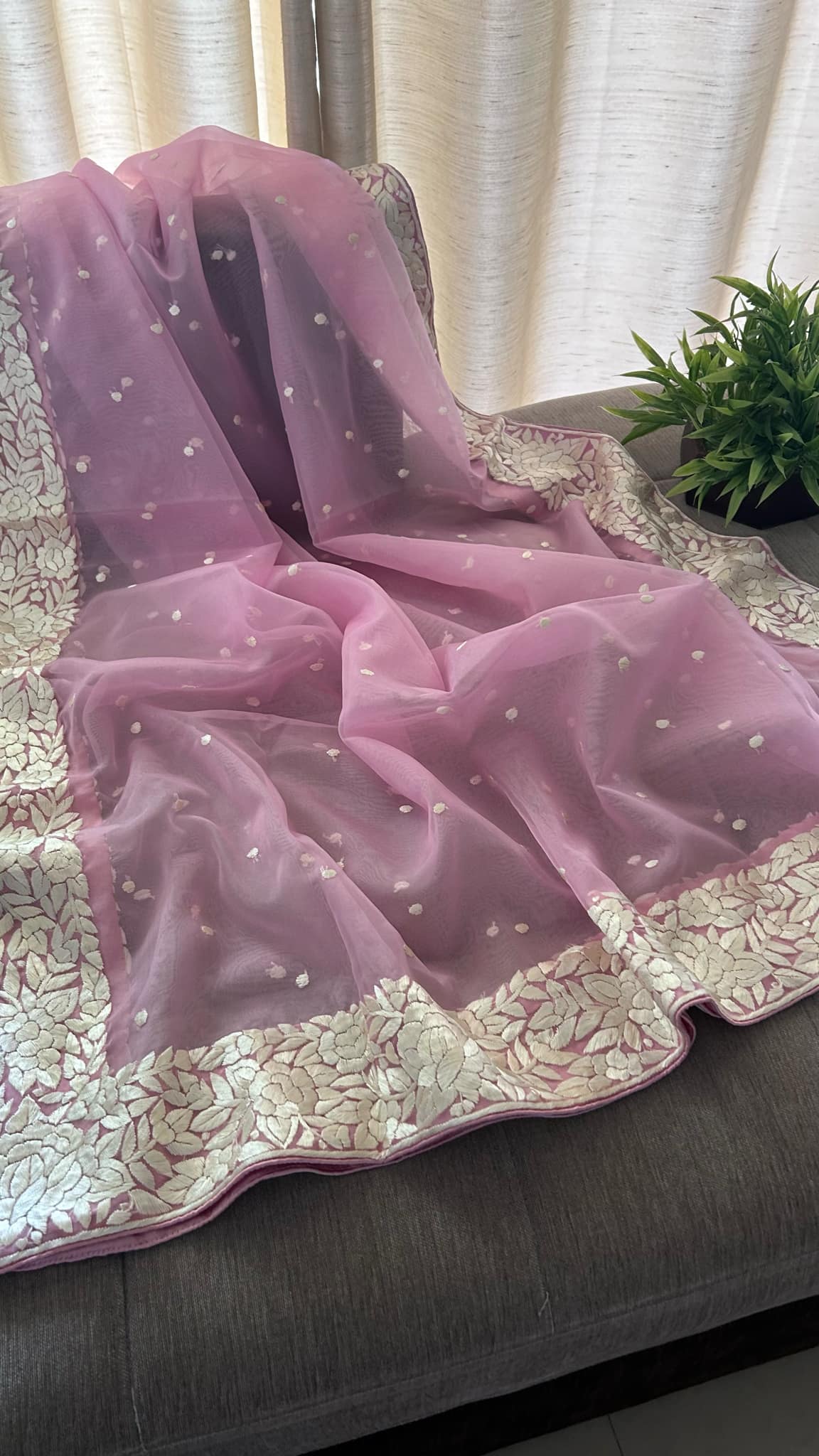 Light Pink Organza Parsi Gara Dupatta