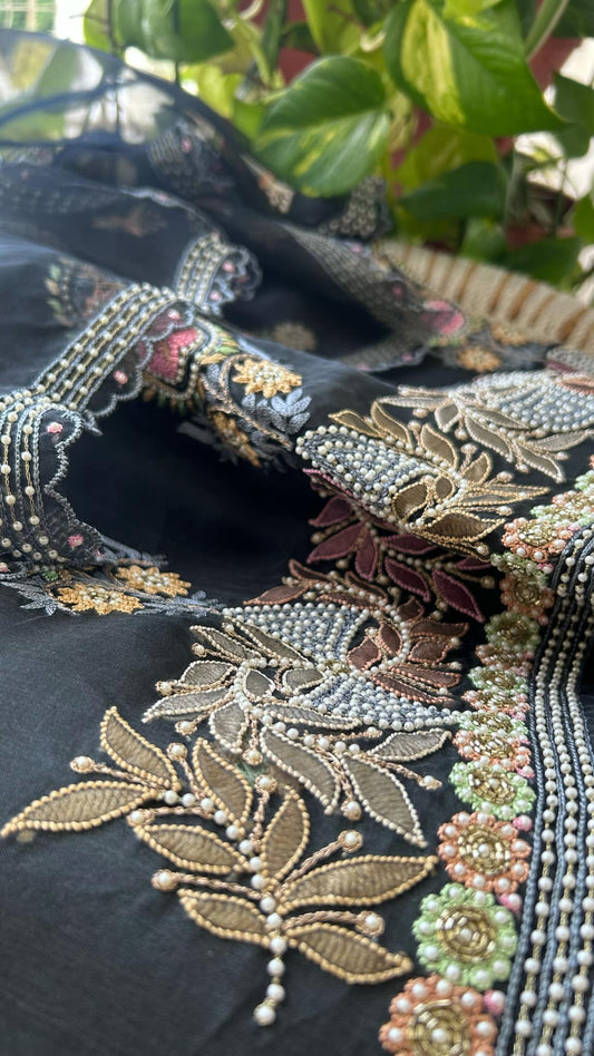 Black Exclusive Organza Pearls Chikankari Suit