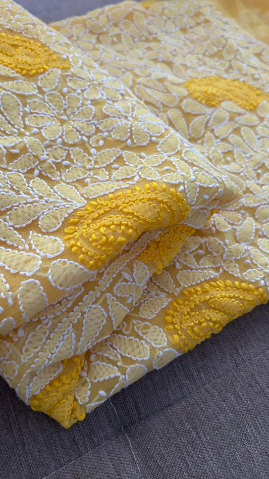 Yellow Georgette Chikankari Kurti Fabric (Only Kurti)