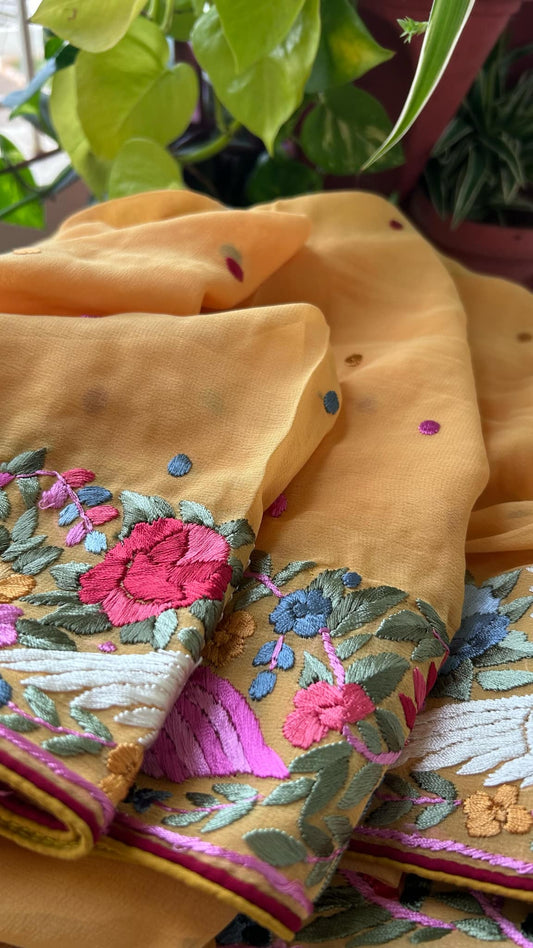 Pre Order Mustard Yellow Parsi Gara Hand Embroidered Dupatta