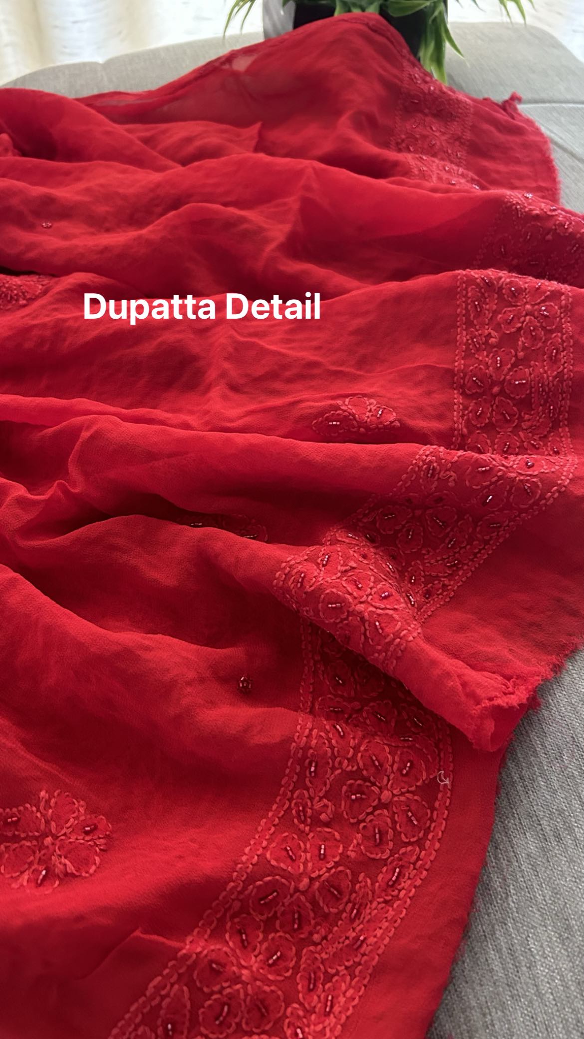 Red Party Wear Cut Dana Chikankari Kurta Dupatta Set