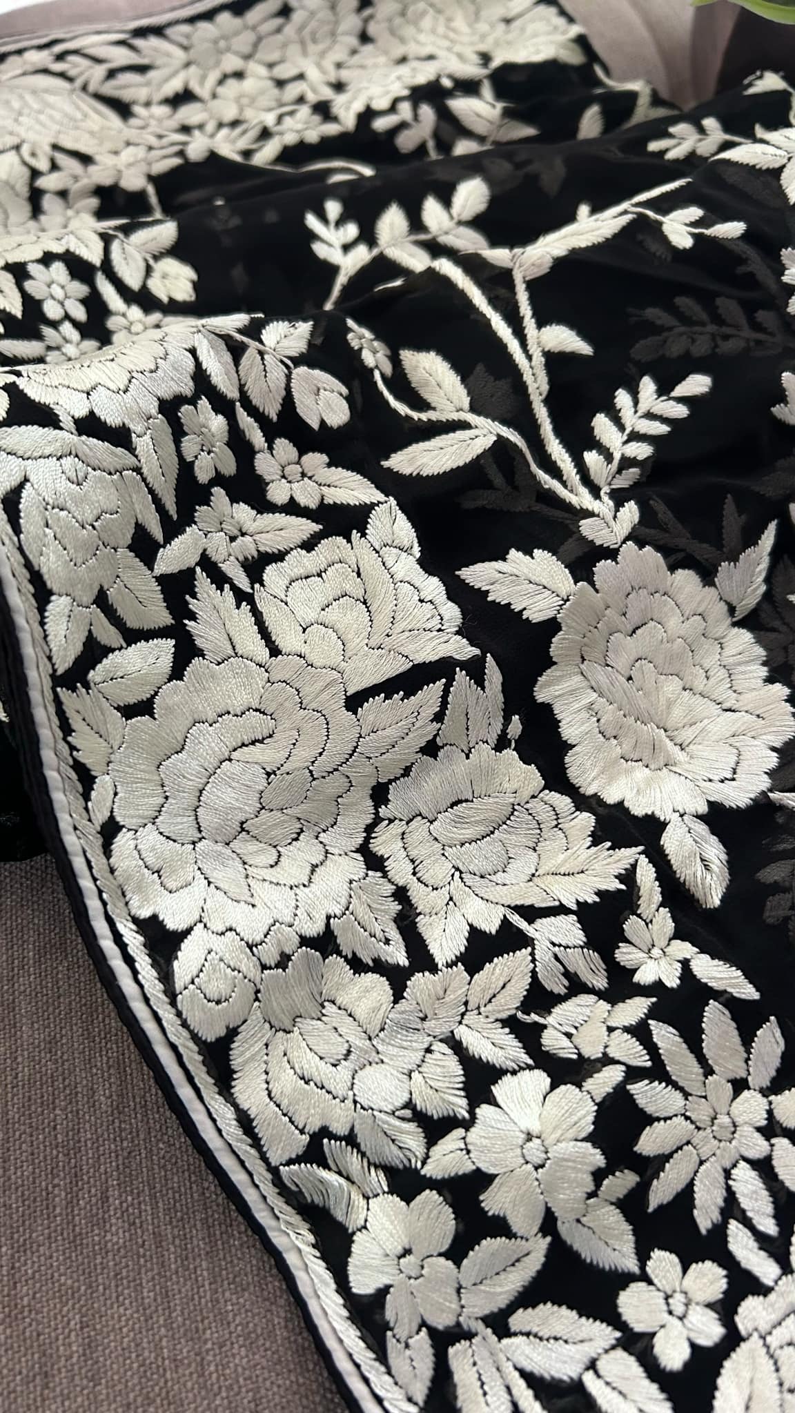 Black & Ivory Parsi Gara Hand Embroidered Dupatta