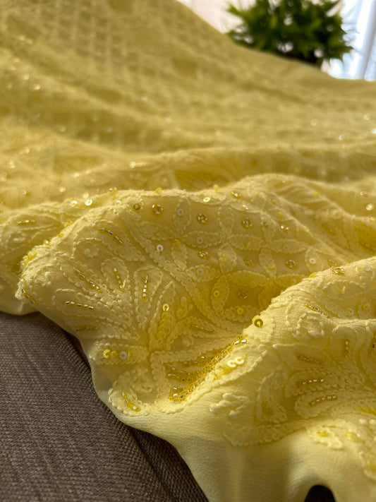 Yellow Party Wear Cut Dana Chikankari Kurta Dupatta Set