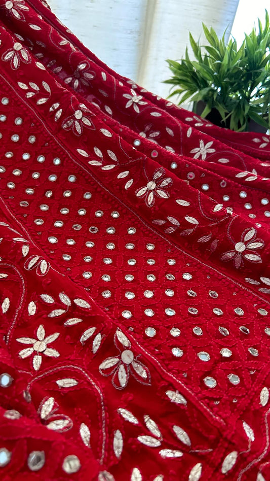 Red Mirror & Gota Patti Chikankari Anarkali Suit