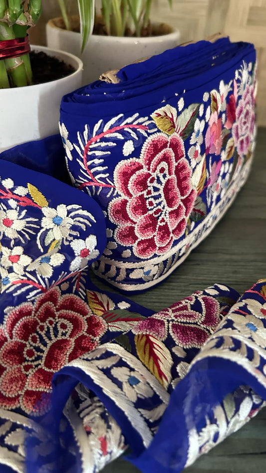 Exclusive Parsi Gara Hand Embroidered Border (Royal Blue)