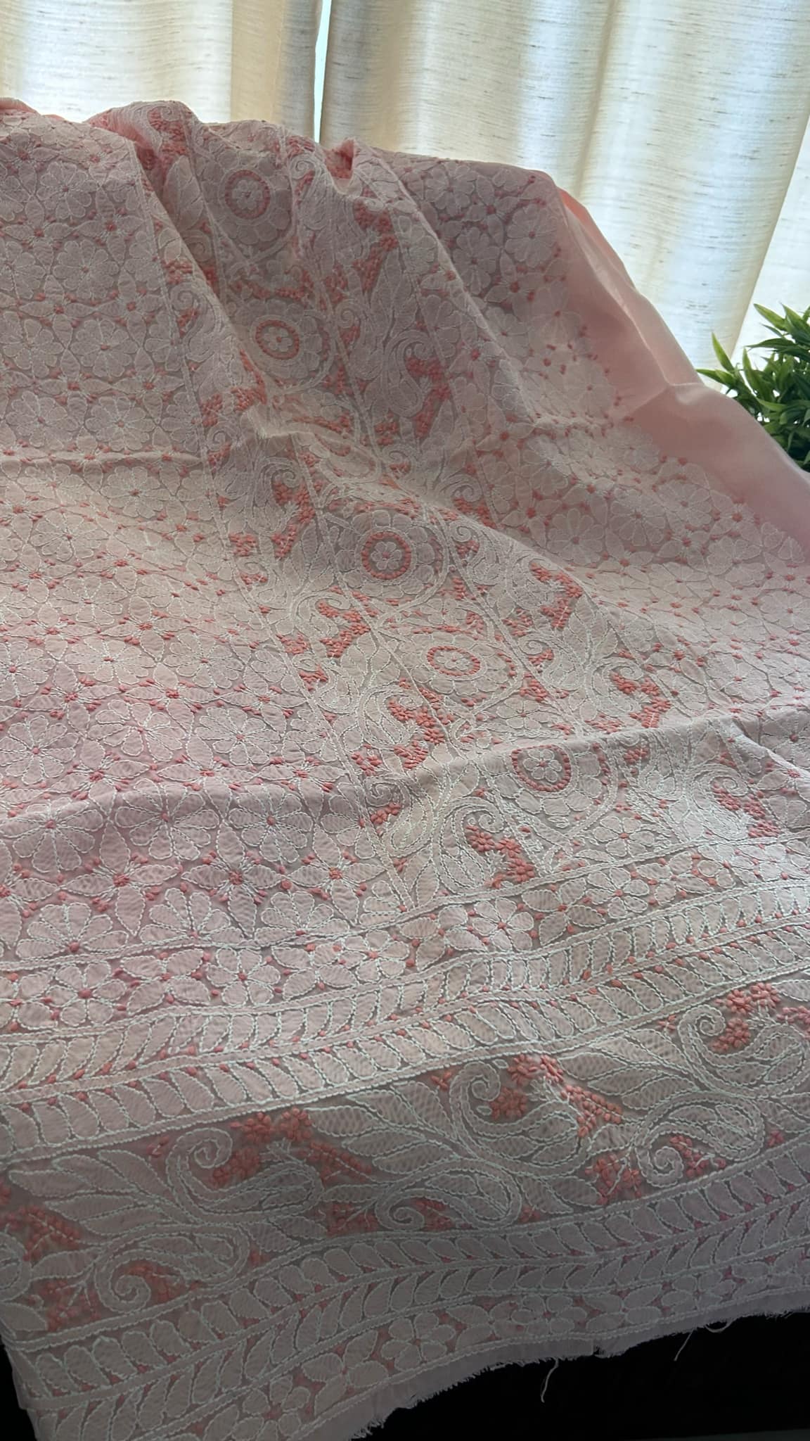 Peach Cotton Chikankari Kurti Fabric (Kurti Fabric)