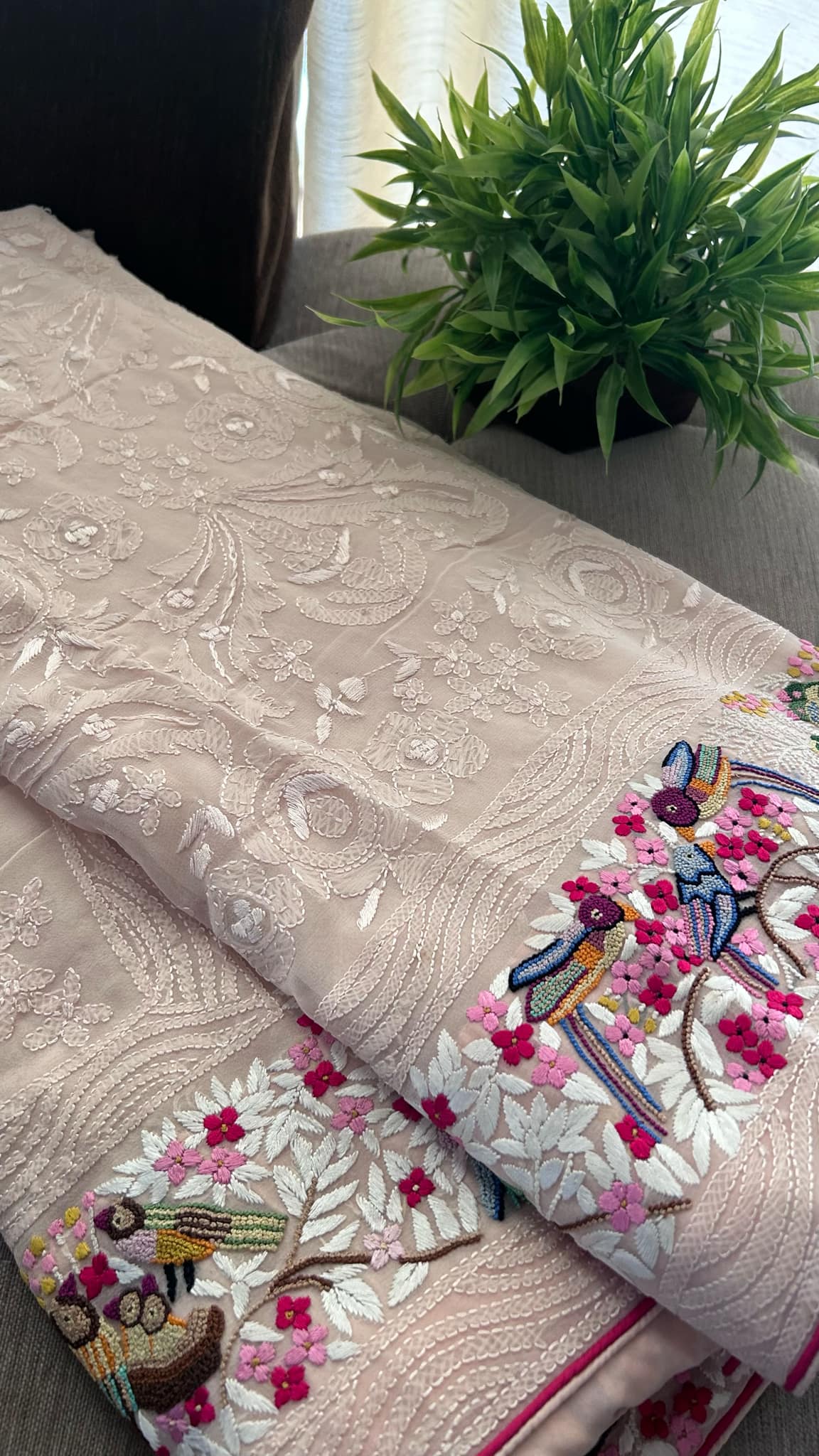 Oyster Pink Parsi Gara & Chikankari Hand Embroidered Saree