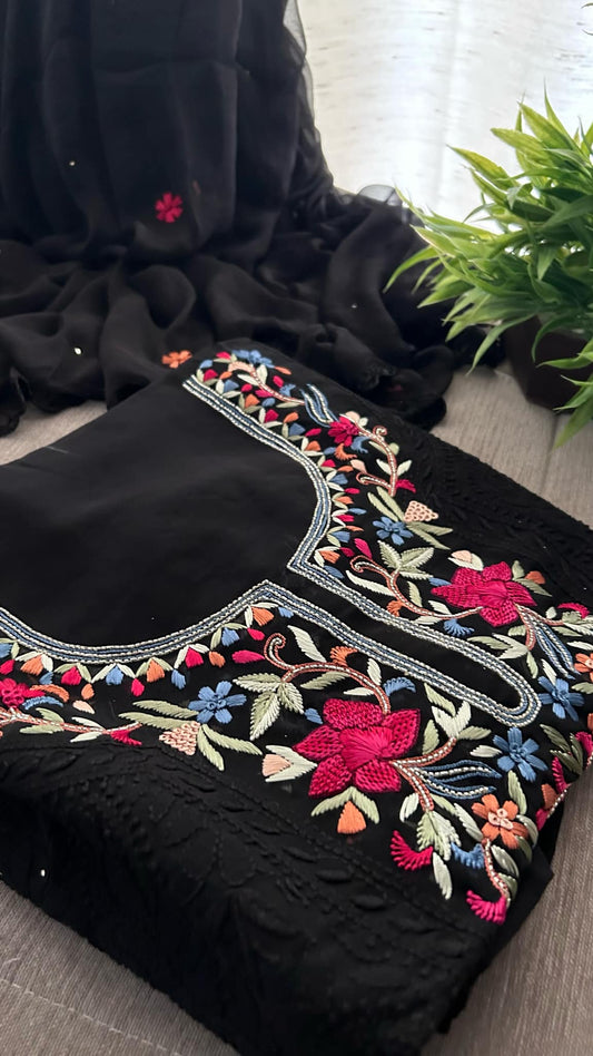 Black Chikankari & Kamdani Multicolour Neckline Suit