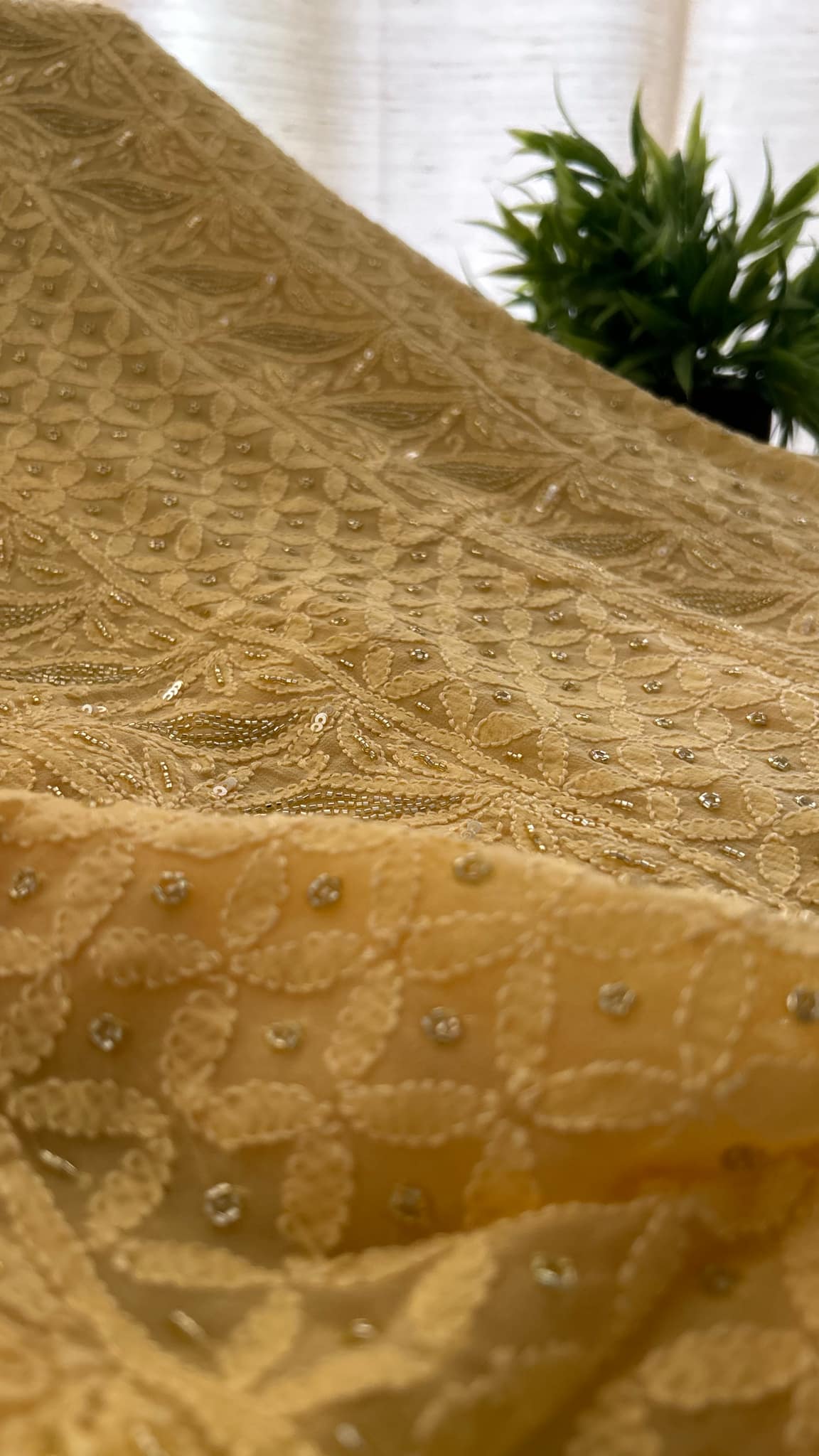 Saffron Yellow Party Wear Cut Dana Chikankari Kurta Dupatta Set