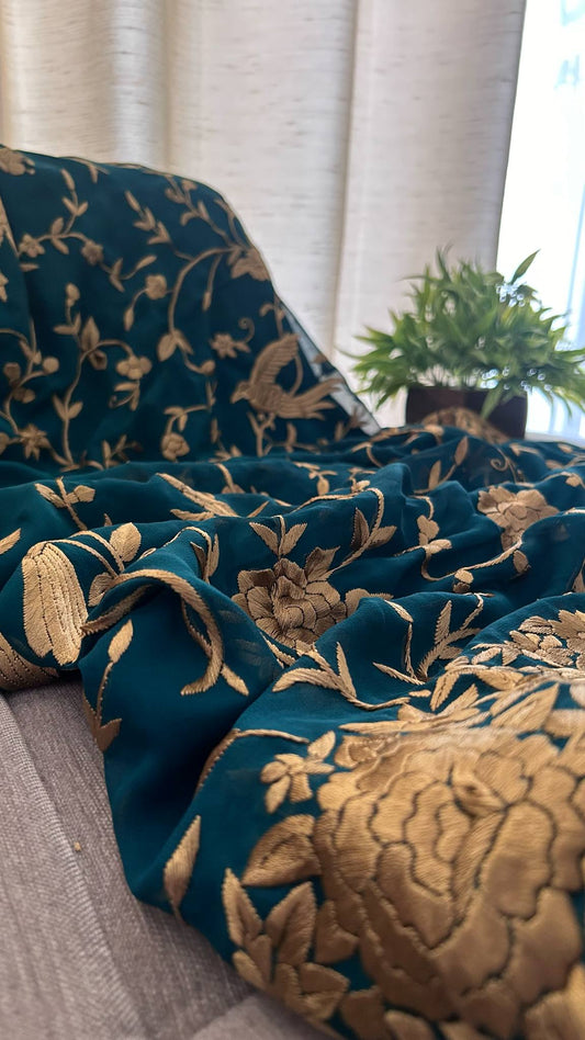 Emerald Green & Gold Hand Embroidered Parsi Gara Saree