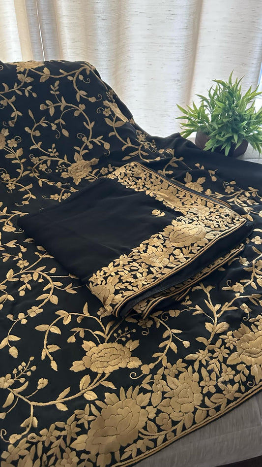 Black Gold Hand Embroidered Parsi Gara Suit (Three Piece)